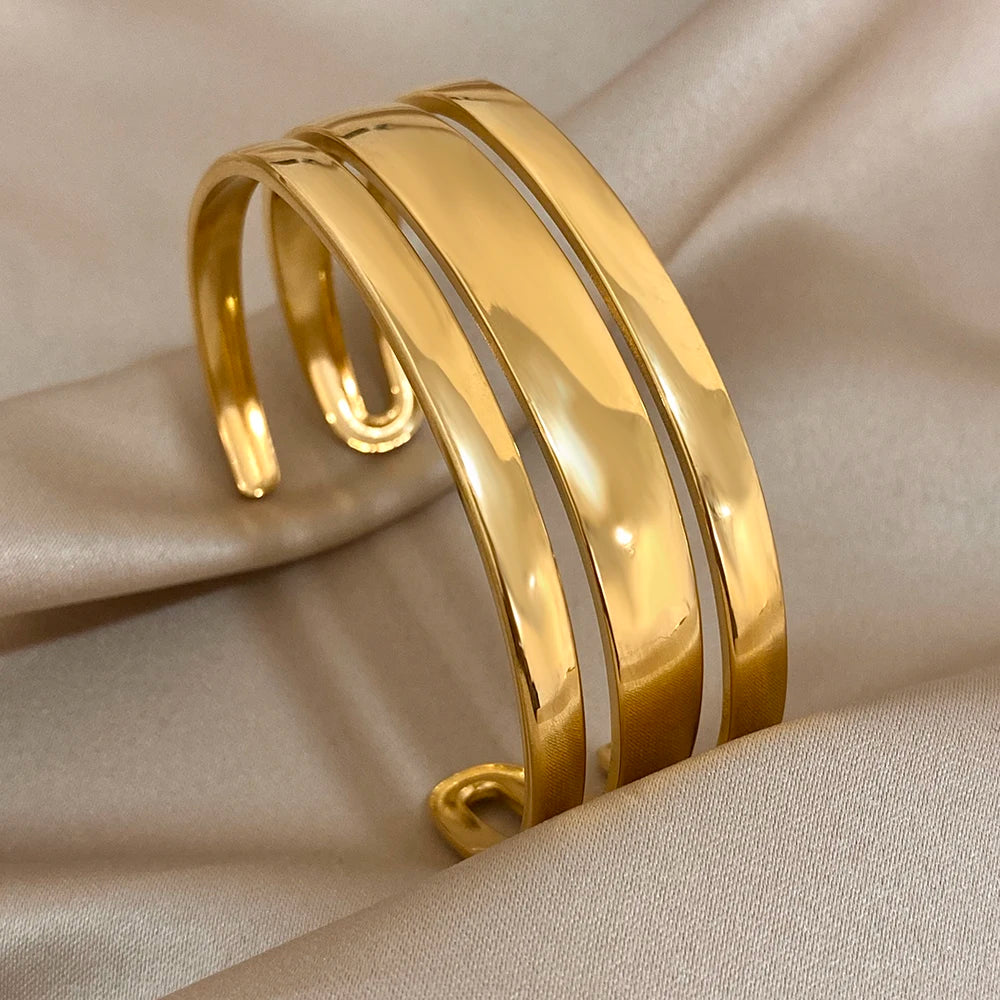Bracelet Manchette Large en Acier Inoxydable Doré pour Homme et Femme 0
