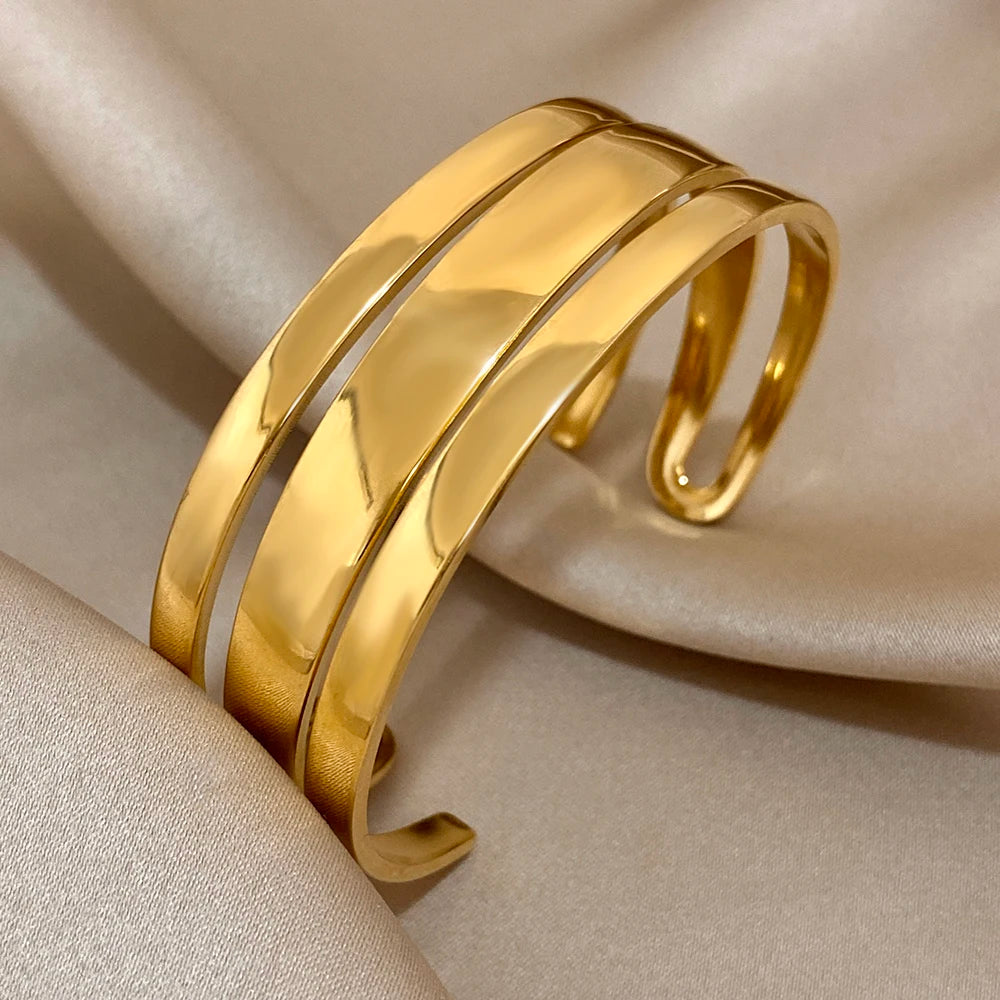 Bracelet Manchette Large en Acier Inoxydable Doré pour Homme et Femme 1