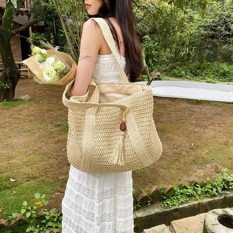 Sac de Plage Femme Naturel Taille Unique Paille Tissée Élégan 2