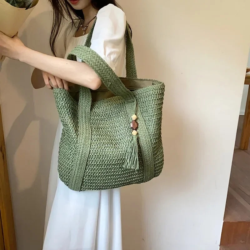 Sac de Plage Femme Naturel Taille Unique Paille Tissée Élégan 3