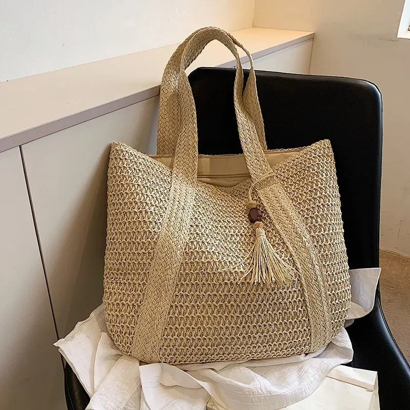Sac de Plage Femme Naturel Taille Unique Paille Tissée Élégan 4