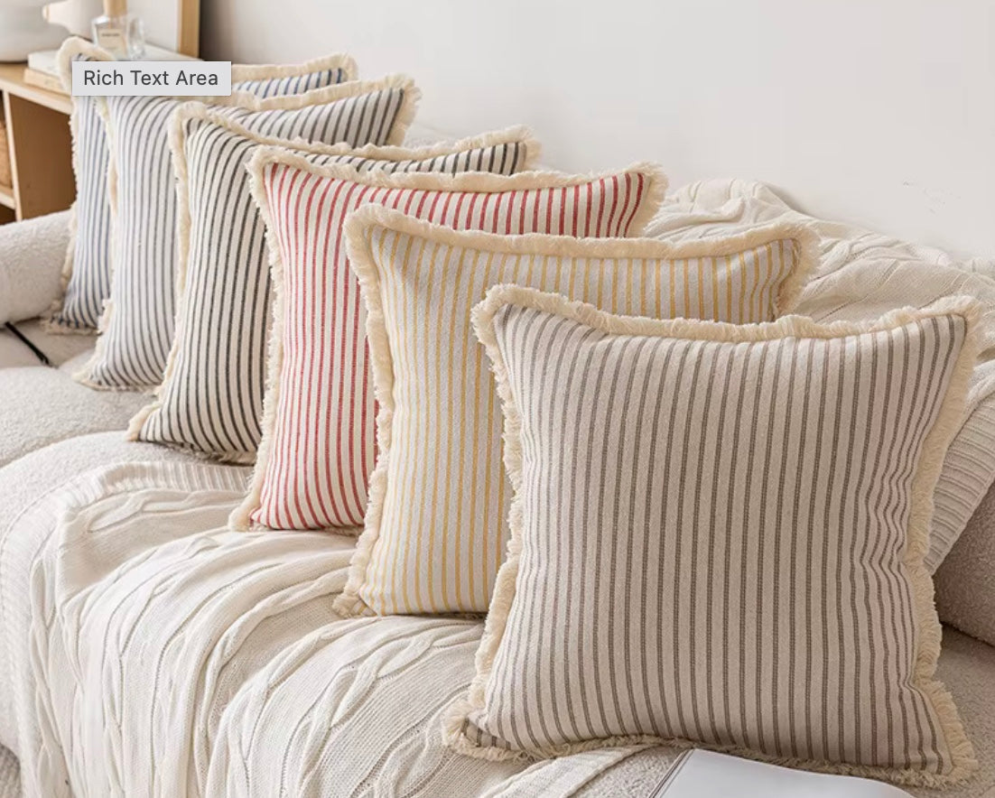 Housse de Coussin Rayé à Franges en Jacquard Coton Lin – Élégante et Durable