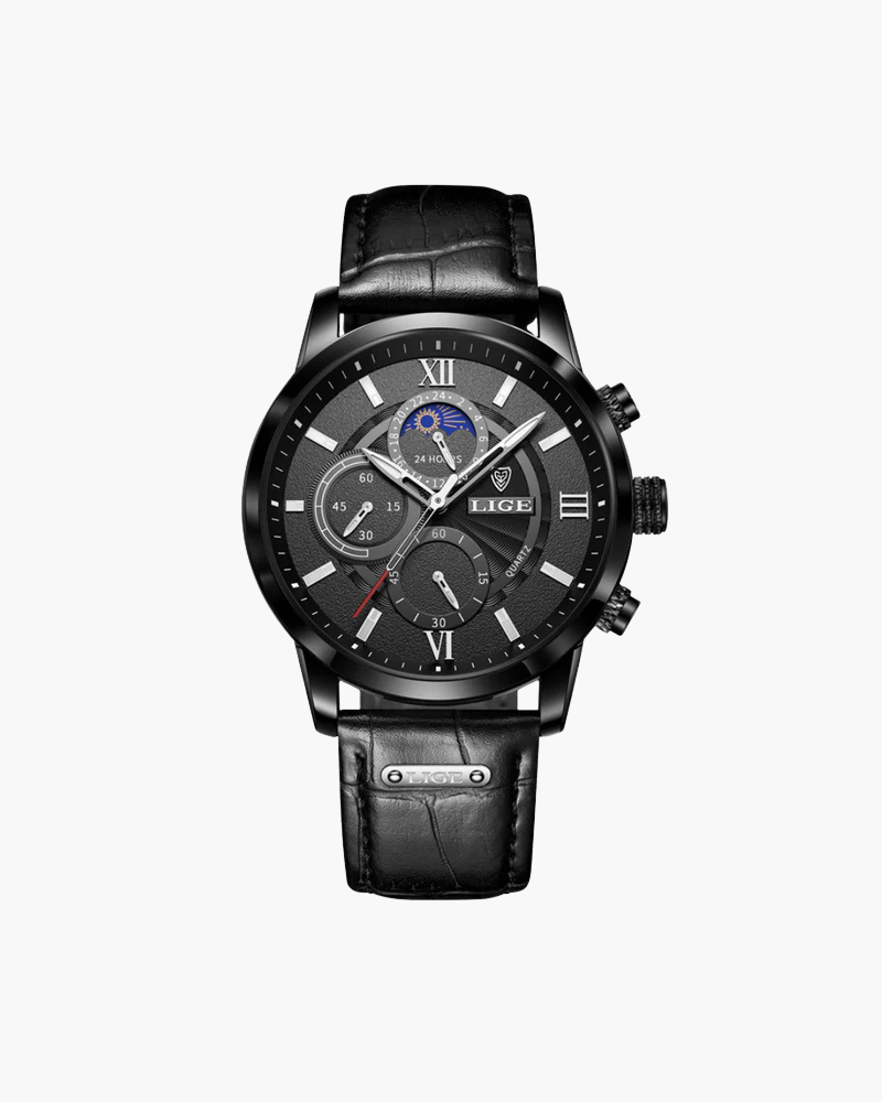Montre Homme Classique Étanche en Cuir Authentique avec Détails Lumineux - 43 mm, Résistante à l'Eau, Mouvement à Quartz 2