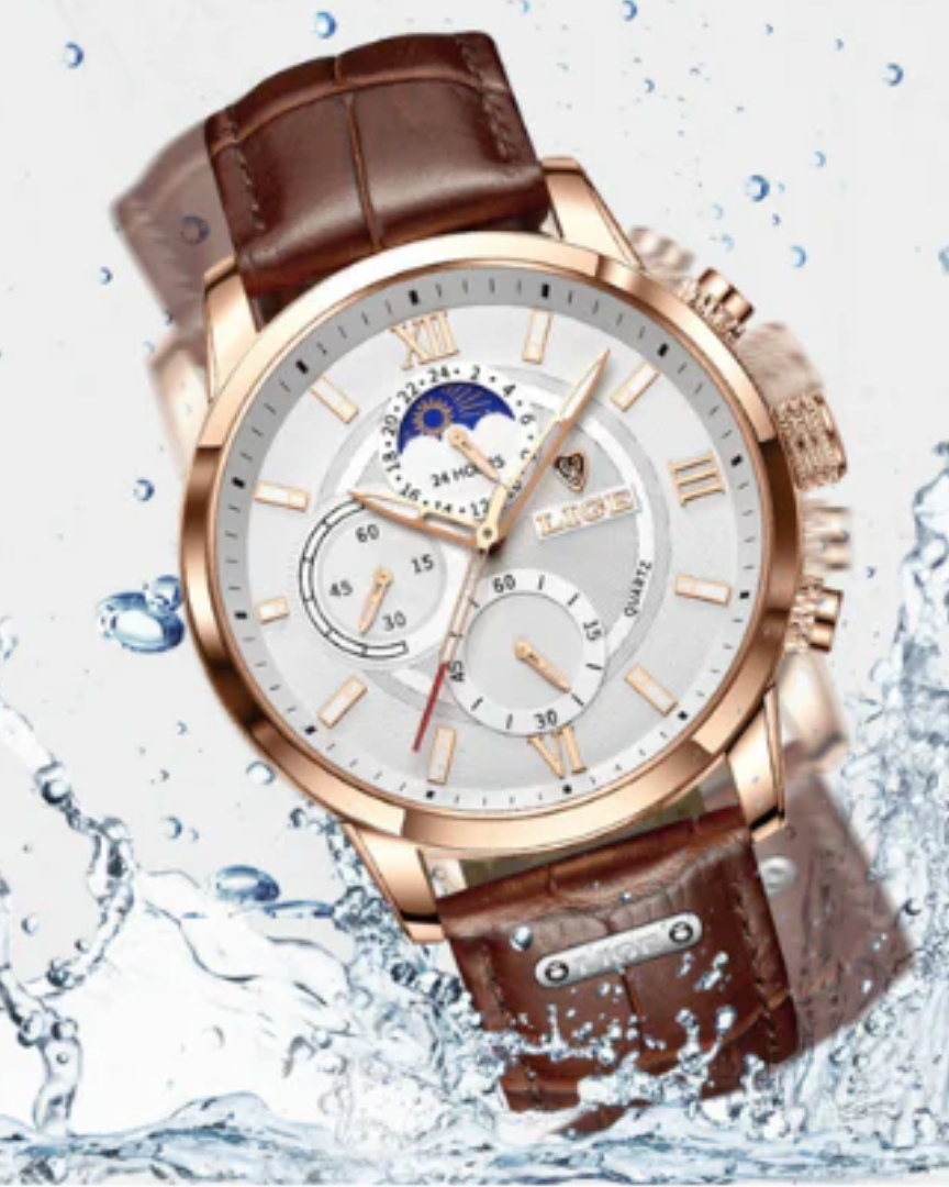 Montre Homme Classique Étanche en Cuir Authentique avec Détails Lumineux - 43 mm, Résistante à l'Eau, Mouvement à Quartz 5