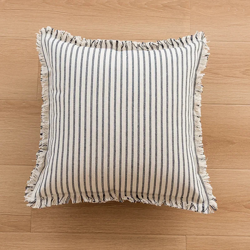 Variant image for Housse de Coussin Rayé à Franges en Jacquard Coton Lin – 45x45 cm, Élégante et Durable-3