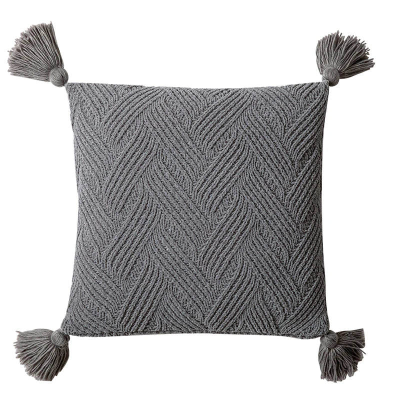 Variant image for Housse de Coussin en Tricot Sergé 45x45 cm – Monochrome avec Glands en Ivoire, Beige, Vert, Gris-2