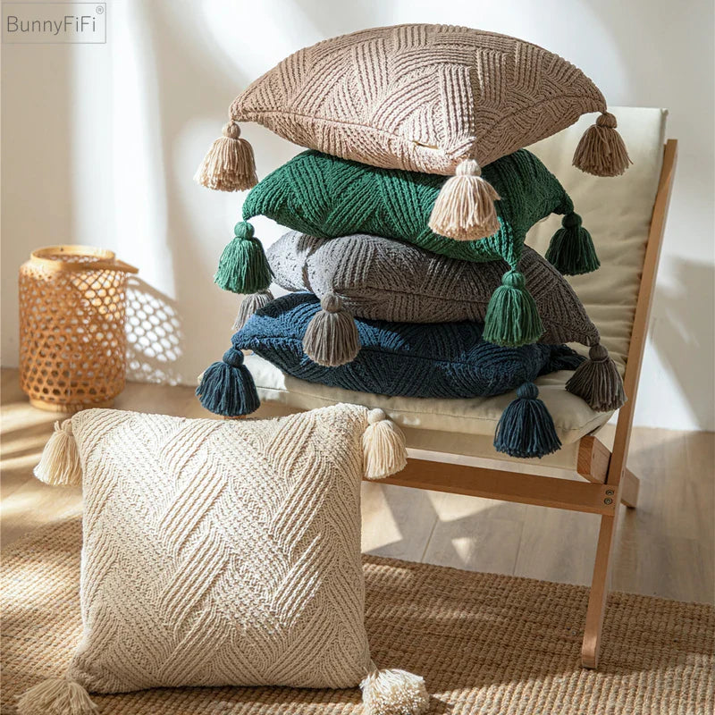 Housse de Coussin en Tricot Sergé 45x45 cm – Monochrome avec Glands en Ivoire, Beige, Vert, Gris