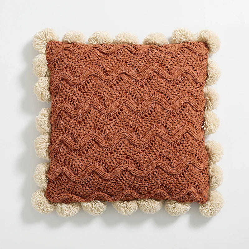 Soft Chenille Cushion Cover with XXL Pom Poms – 45x45 cm, Gray, Ivory, Burnt Orange