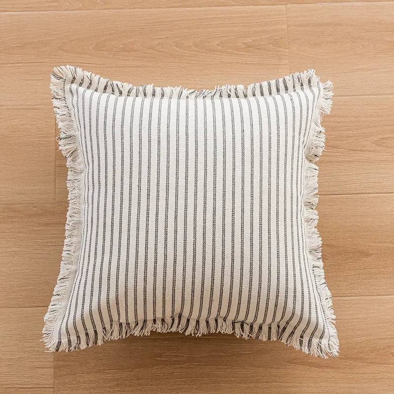 Housse de Coussin Rayé à Franges en Jacquard Coton Lin – Élégante et Durable