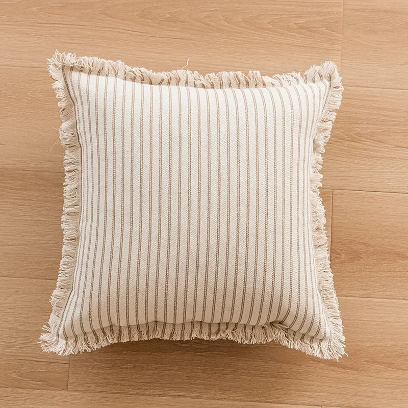 Variant image for Housse de Coussin Rayé à Franges en Jacquard Coton Lin – 45x45 cm, Élégante et Durable-2