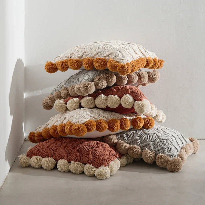 Soft Chenille Cushion Cover with XXL Pom Poms – 45x45 cm, Gray, Ivory, Burnt Orange