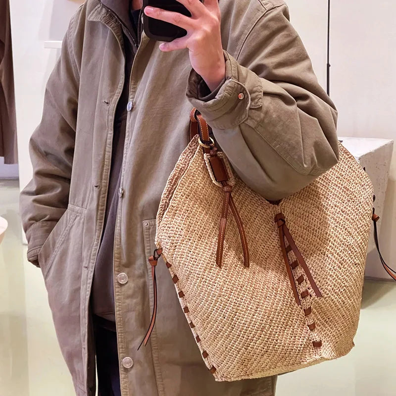 Sac À Main Femme En Paille Tissée Vintage - Grand Sac Bandoulière Pour Été 2