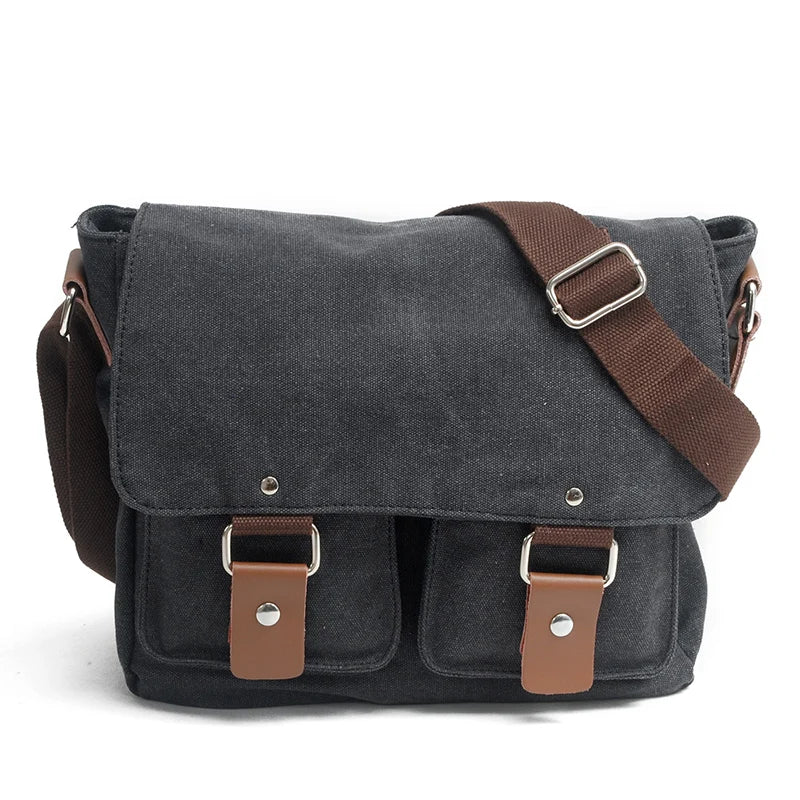 Sac à Bandoulière Rétro Imperméable 12 Pouces en Toile – Unisexe Vert Armée et Noir