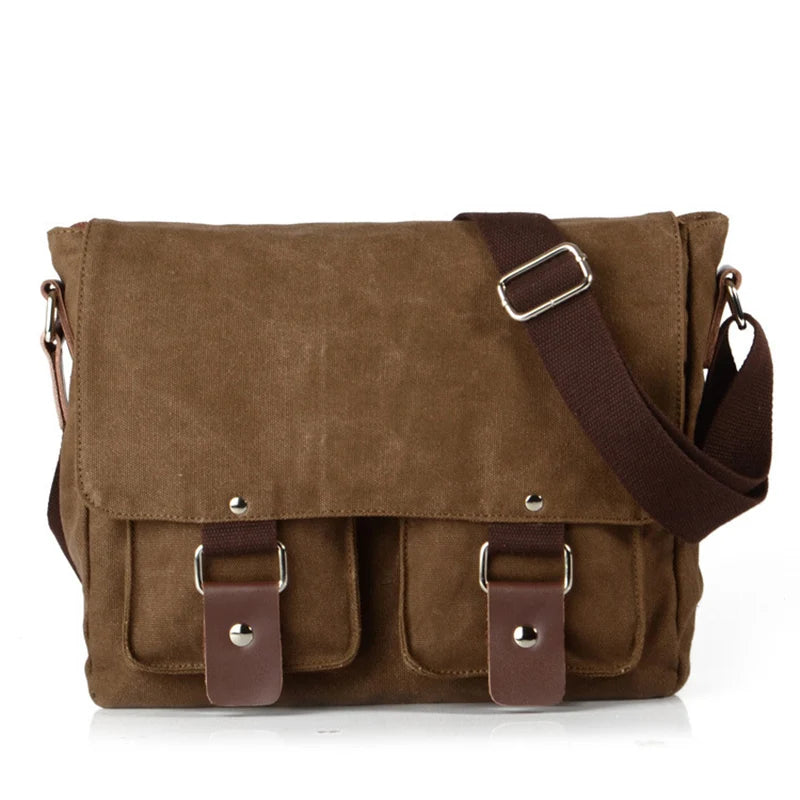 Sac à Bandoulière Rétro Imperméable 12 Pouces en Toile – Unisexe Vert Armée et Noir