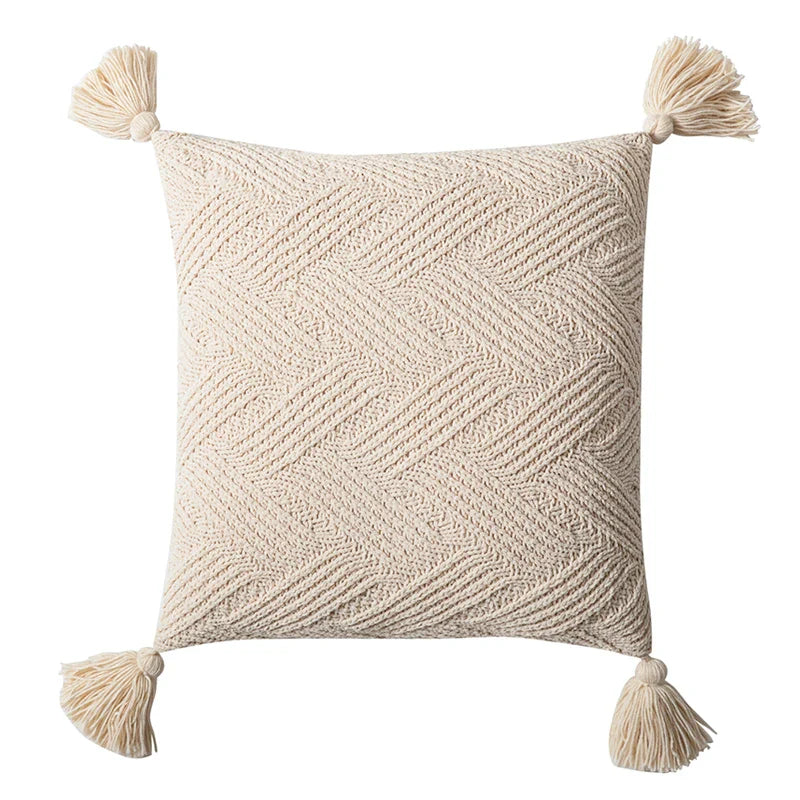 Housse de Coussin en Tricot Sergé 45x45 cm – Monochrome avec Glands en Ivoire, Beige, Vert, Gris