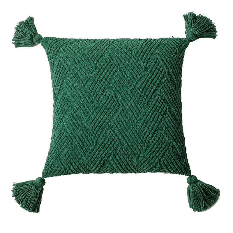 Variant image for Housse de Coussin en Tricot Sergé 45x45 cm – Monochrome avec Glands en Ivoire, Beige, Vert, Gris-3