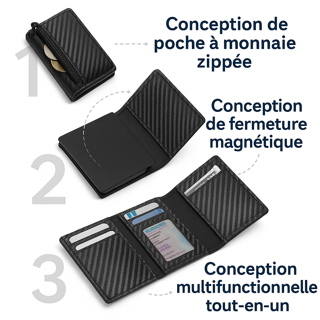 Portefeuille en Cuir RFID avec Clip Magnétique en Fibre de Carbone et AirTag