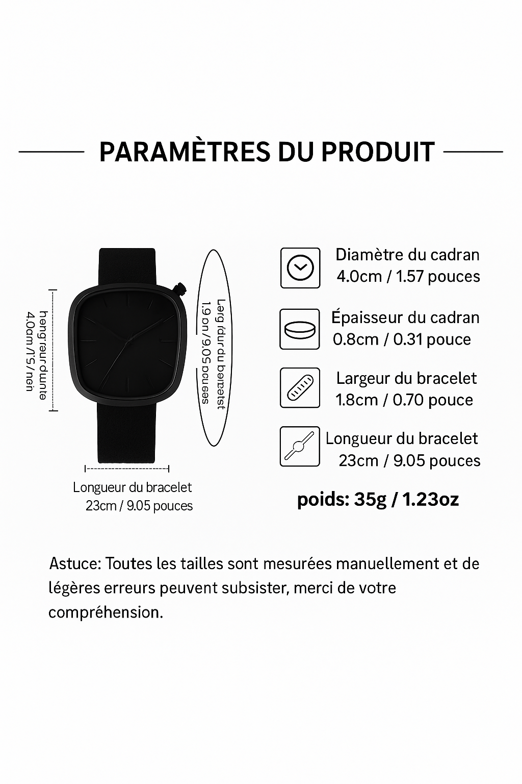 Montre Minimaliste Unisexe Quartz Carrée Noir et Blanc - Élégante et Fonctionnelle