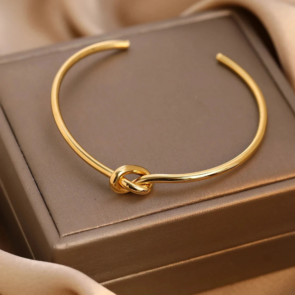Bracelet Femme Acier Inoxydable Manchette Élégante avec Nœud Ouvert 0