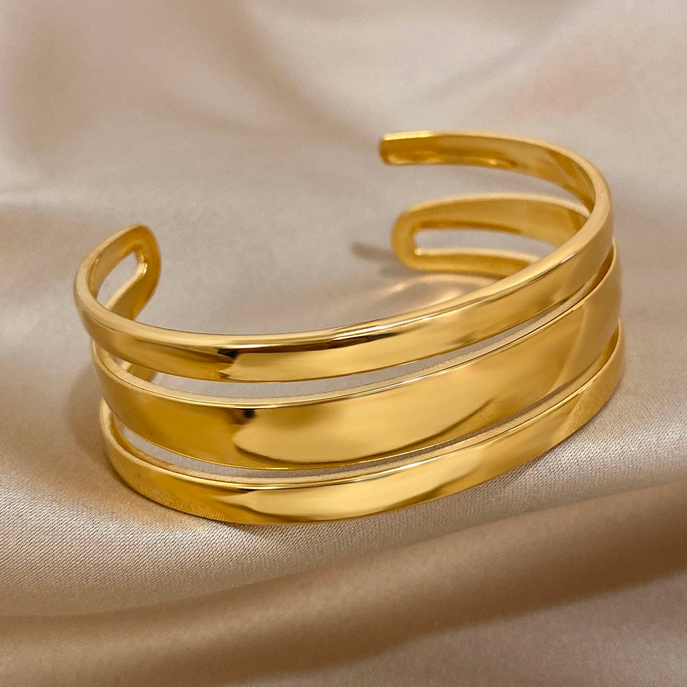 Bracelet Manchette Large en Acier Inoxydable Doré pour Homme et Femme 4