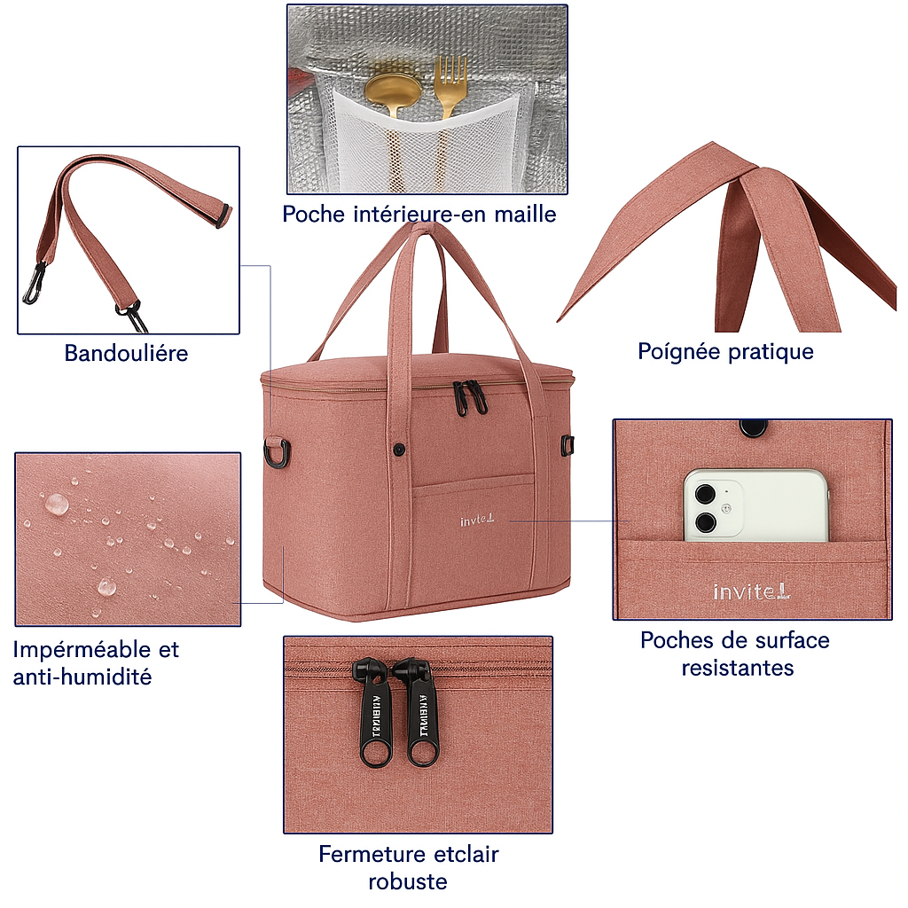 Sac à Déjeuner Isotherme Réutilisable avec Bandoulière – Grande Capacité pour Bureau, Pique-nique et Voyage