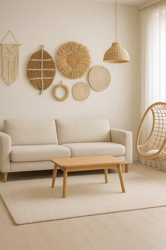 Plaque Murale Tissée en Paille & Miroir – Déco Bohème-Chic Naturelle pour Salon & Chambre