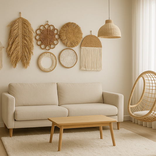 Plaque Murale Tissée en Paille & Miroir – Déco Bohème-Chic Naturelle pour Salon & Chambre