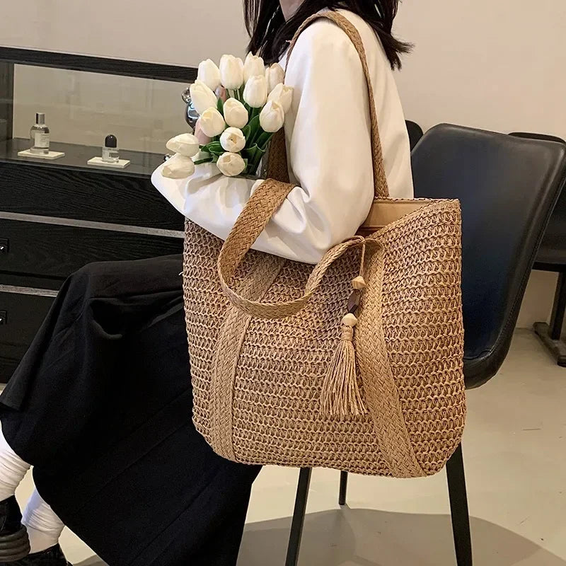 Sac de Plage Femme Naturel Taille Unique Paille Tissée Élégan 1