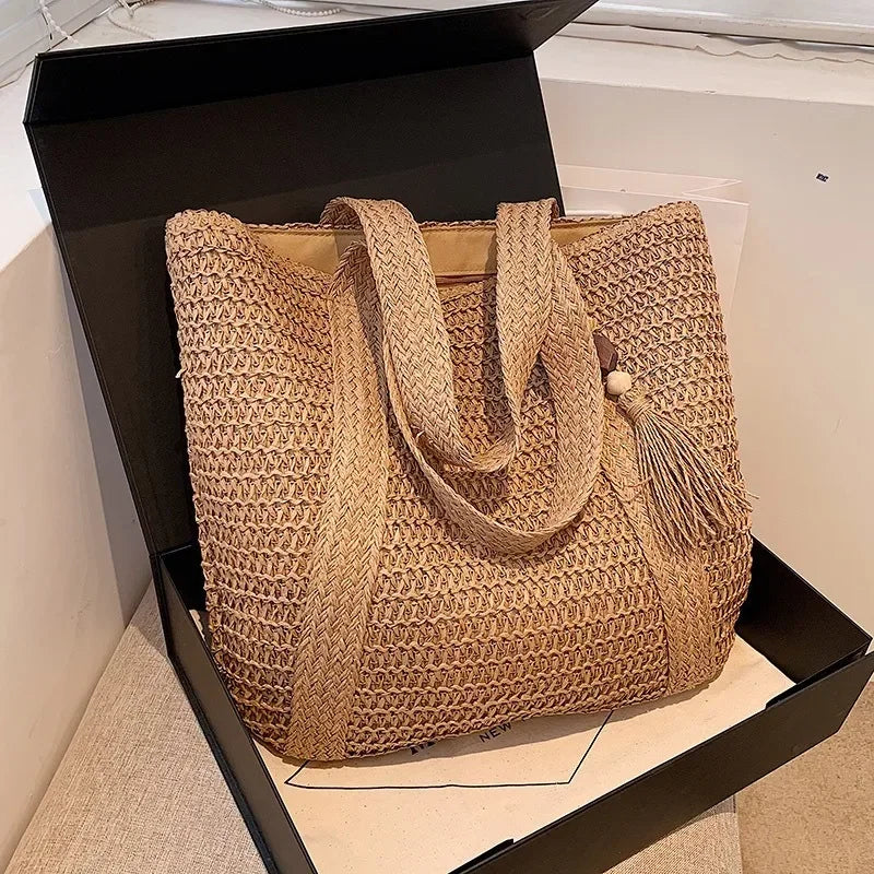 Sac de Plage Femme Naturel Taille Unique Paille Tissée Élégan 5