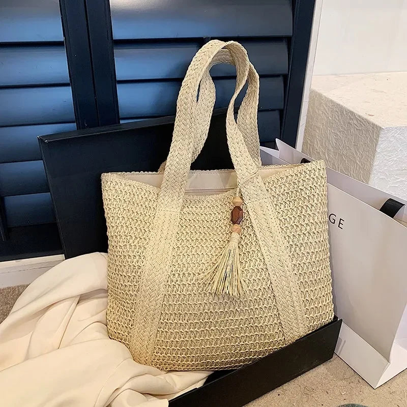 Sac de Plage Femme Naturel Taille Unique Paille Tissée Élégan 6