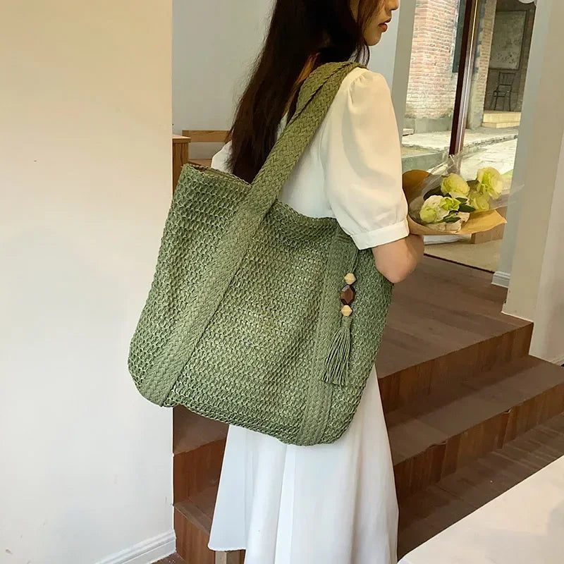 Sac de Plage Femme Naturel Taille Unique Paille Tissée Élégan 7