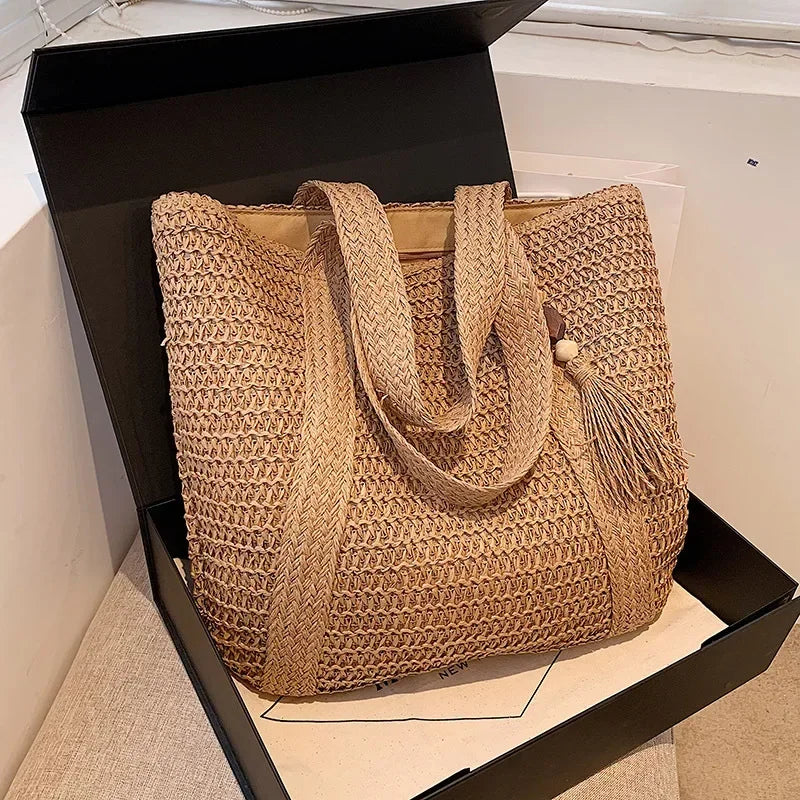 Sac de Plage Femme Naturel Taille Unique Paille Tissée Élégan 8