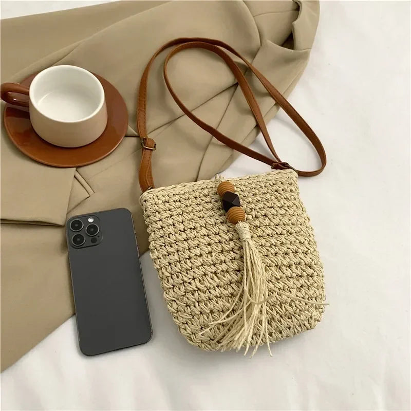 Sac Bandoulière Femme Naturel Petit Paille Tissée Mode 1
