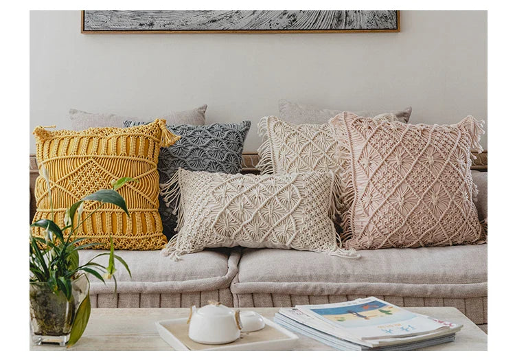 Housse de Coussin en Macramé Artisanale 40x40 cm en Coton - Design Bohème Élégant pour Intérieur et Extérieur