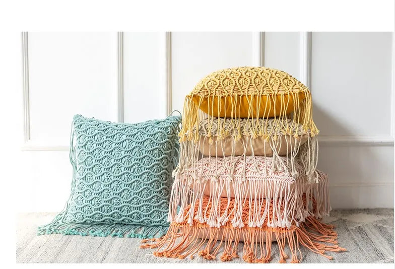 Housse de Coussin en Macramé Artisanale 40x40 cm en Coton - Design Bohème Élégant pour Intérieur et Extérieur