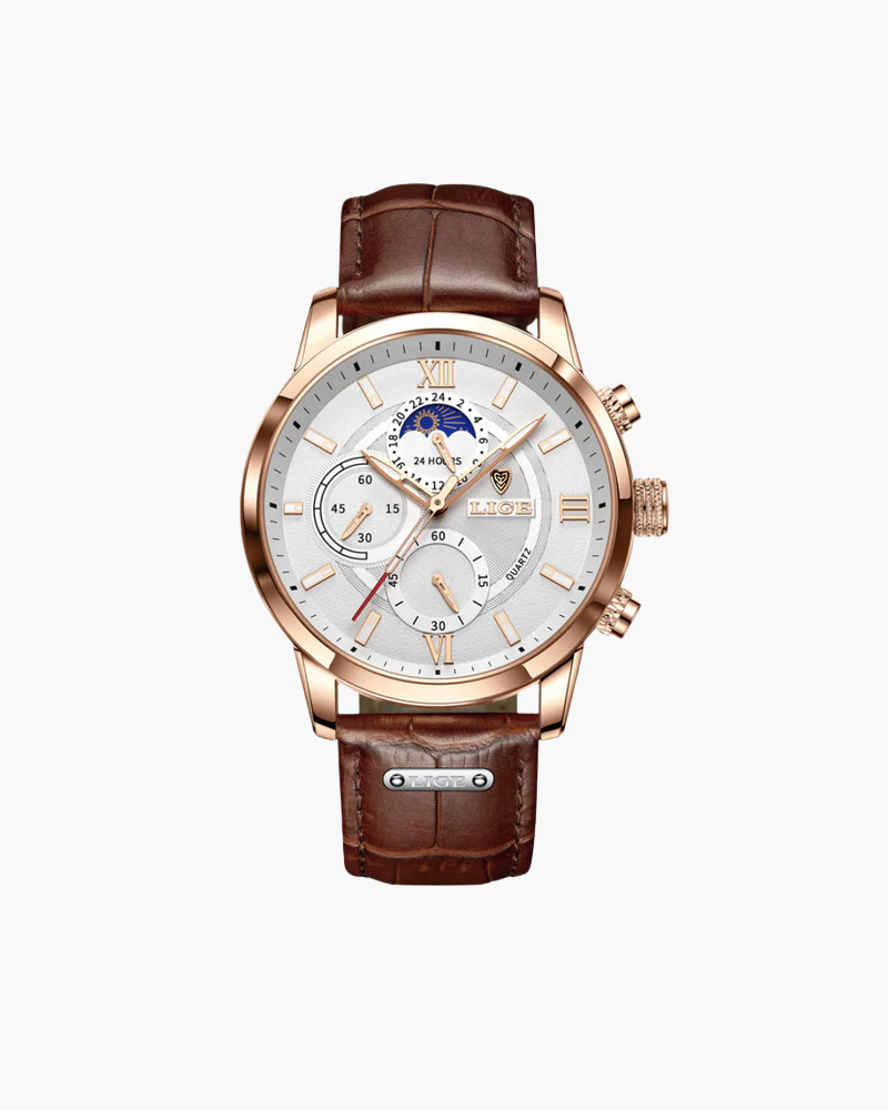 Montre Homme Classique Étanche en Cuir Authentique avec Détails Lumineux - 43 mm, Résistante à l'Eau, Mouvement à Quartz 0