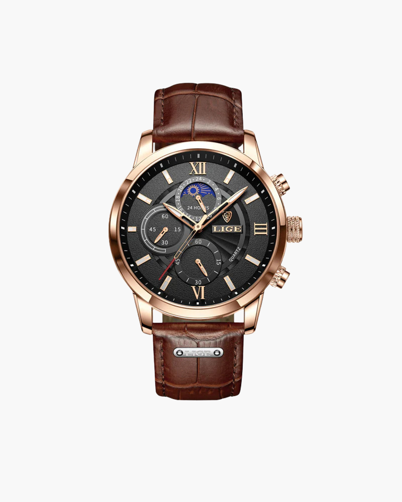 Montre Homme Classique Étanche en Cuir Authentique avec Détails Lumineux - 43 mm, Résistante à l'Eau, Mouvement à Quartz 1