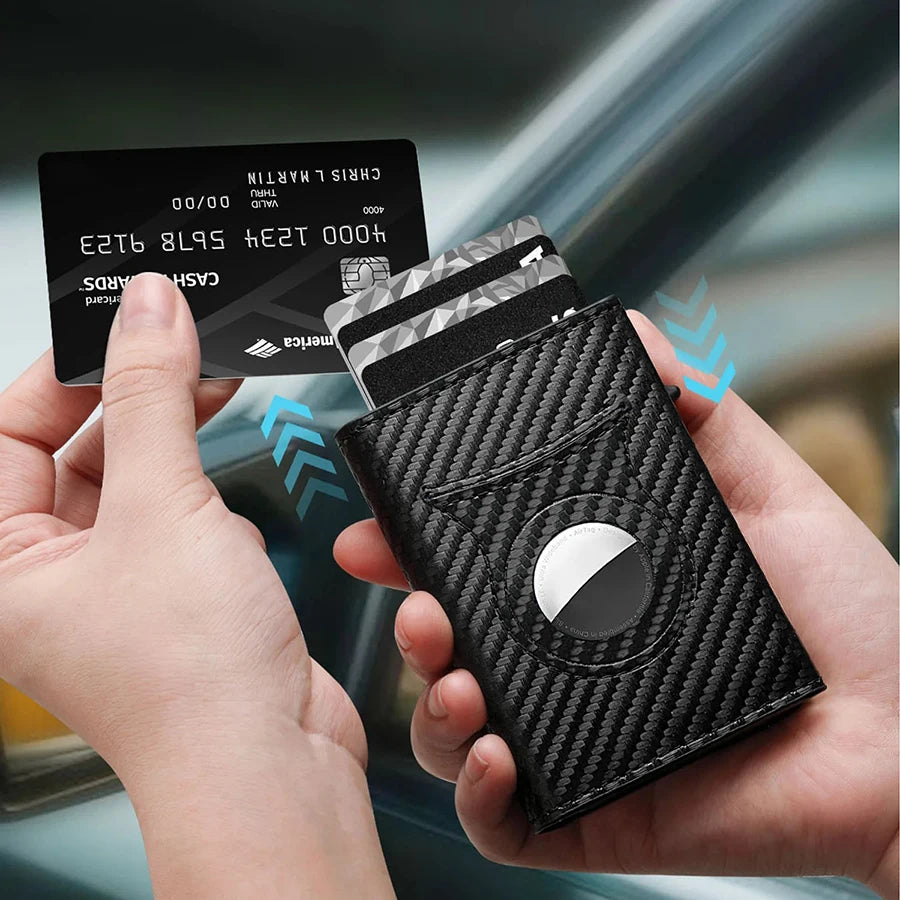 Portefeuille en Cuir RFID avec Clip Magnétique en Fibre de Carbone et AirTag 3