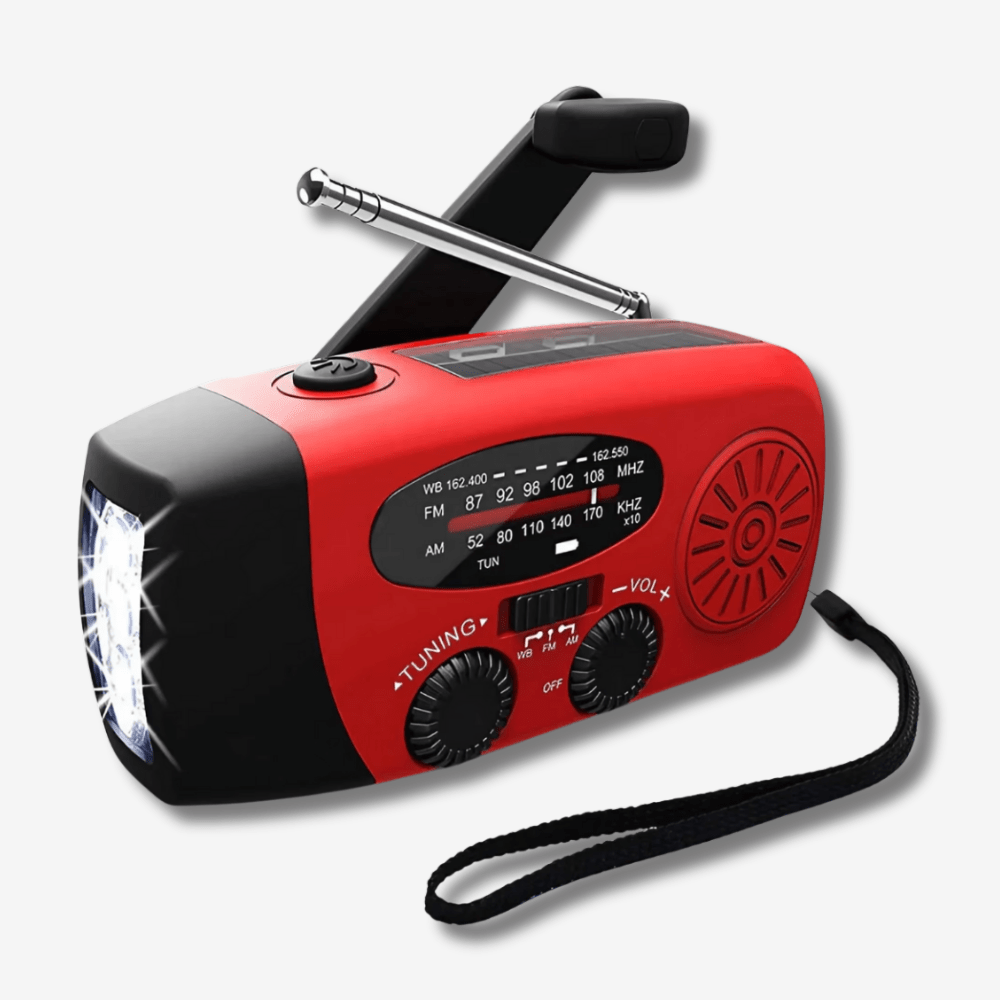 Radio d'Urgence Multifonctionnelle avec Lampe de Poche et Powerbank 2000 mAh – Étanche et Recharge Solaire, AM/FM
