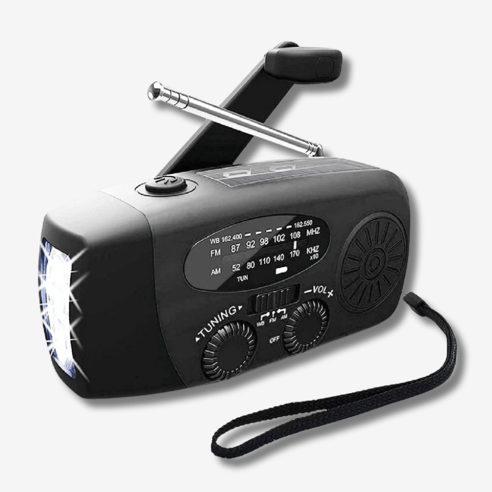 Radio d'Urgence Multifonctionnelle avec Lampe de Poche et Powerbank 2000 mAh – Étanche et Recharge Solaire, AM/FM