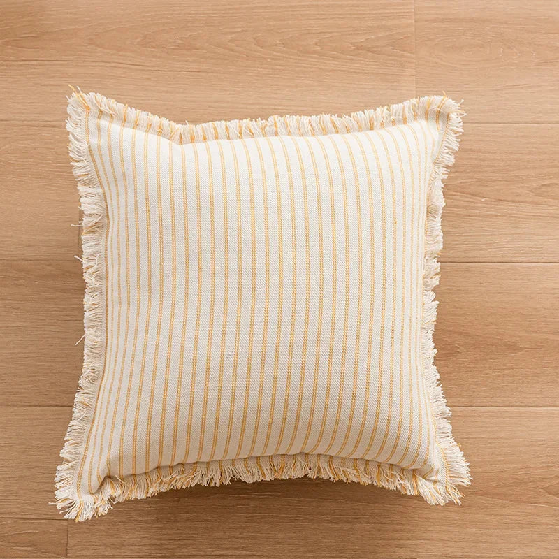 Variant image for Housse de Coussin Rayé à Franges en Jacquard Coton Lin – 45x45 cm, Élégante et Durable-4