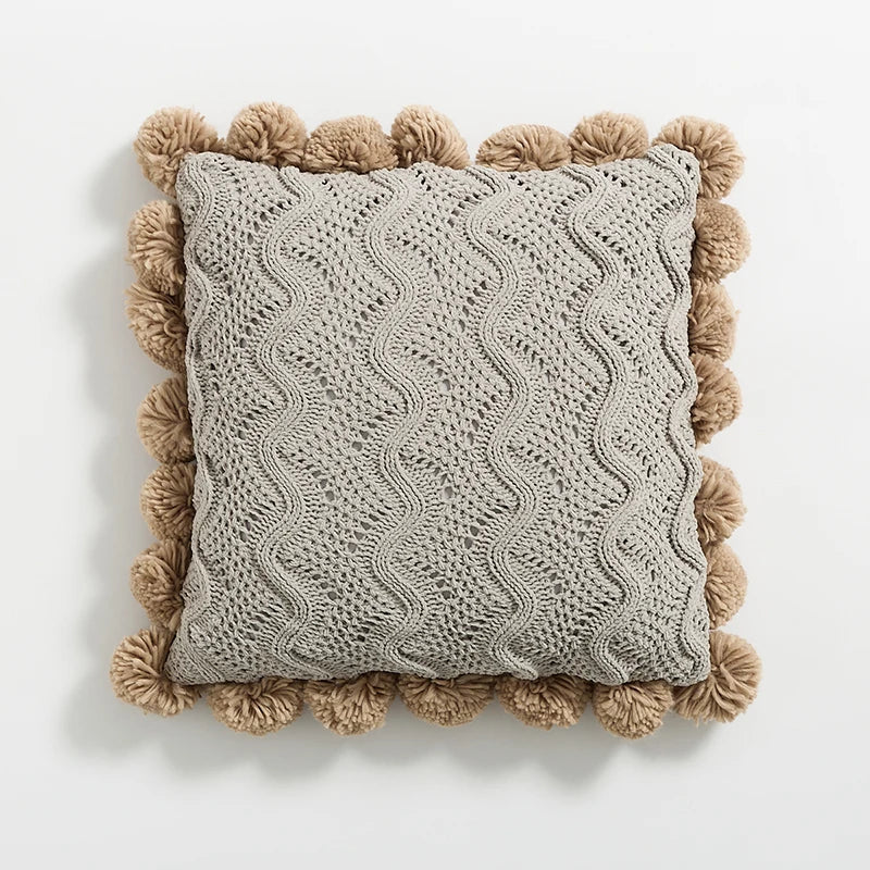 Housse de Coussin Douce en Chenille avec Pompons XXL – 45x45 cm, Gris, Ivoire, Orange Brûlé