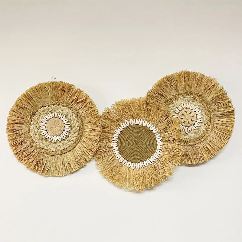 Décoration Murale Bohème en Raffia Naturel Fait Main – 30x30 cm, Accents Muraux Scandinaves pour Salon et Chambre