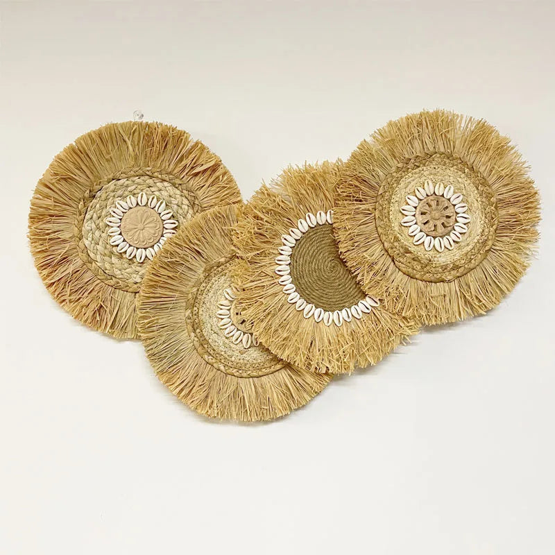 Décoration Murale Bohème en Raffia Naturel Fait Main – 30x30 cm, Accents Muraux Scandinaves pour Salon et Chambre