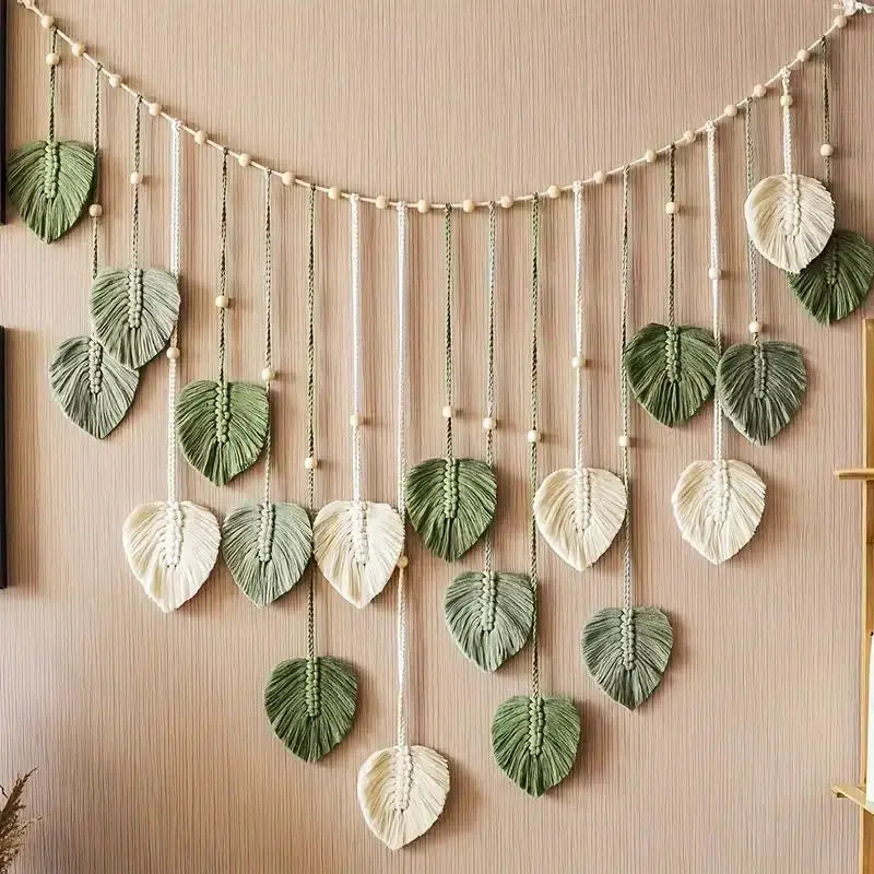 Tapisserie Murale en Macramé Feuille Plume – Décoration Boho en Coton 60x40 cm pour Chambre et Salon