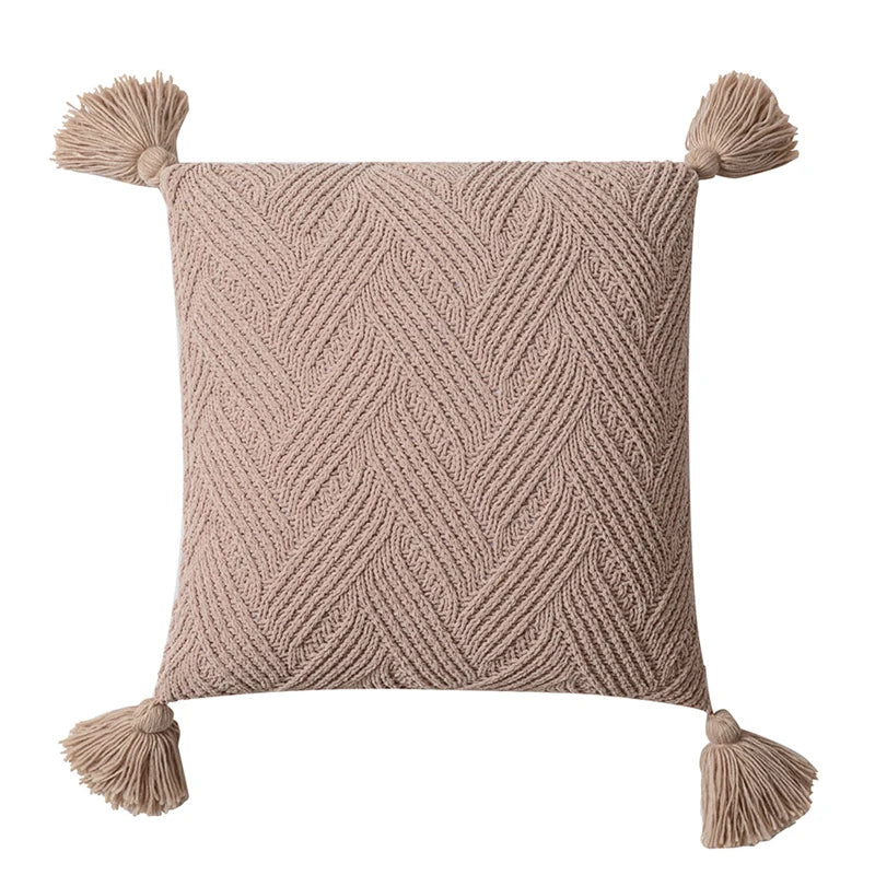 Variant image for Housse de Coussin en Tricot Sergé 45x45 cm – Monochrome avec Glands en Ivoire, Beige, Vert, Gris-4