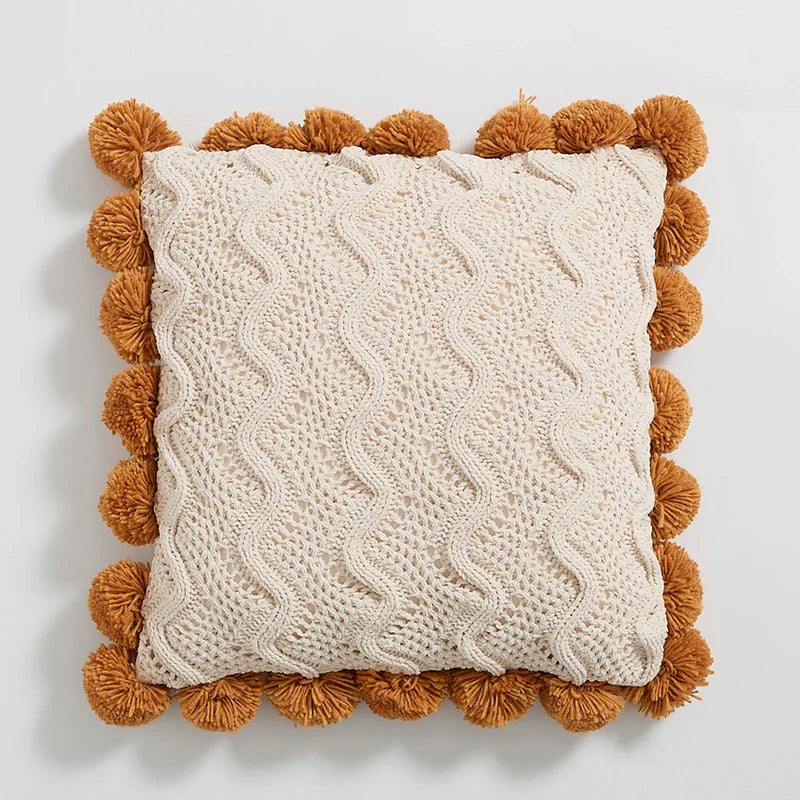 Housse de Coussin Douce en Chenille avec Pompons XXL – 45x45 cm, Gris, Ivoire, Orange Brûlé