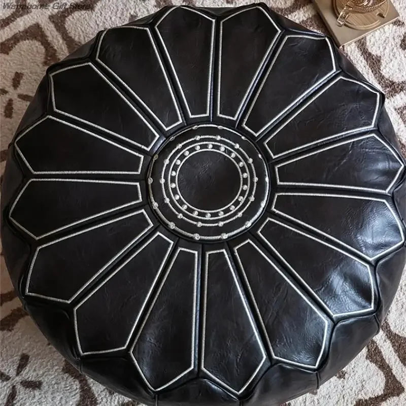 Pouf Décoratif Marocain en Cuir PU – Design Bohème Écologique, Diamètre 58 cm, Idéal comme Siège d'Appoint ou Coussin de Méditation