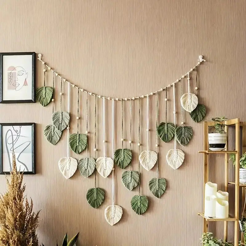 Tapisserie Murale en Macramé Feuille Plume – Décoration Boho en Coton 60x40 cm pour Chambre et Salon