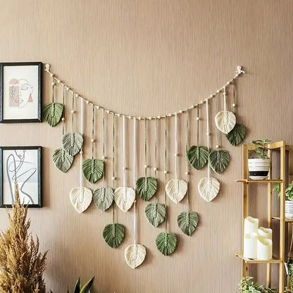 Tapisserie Murale en Macramé Feuille Plume – Décoration Boho en Coton 60x40 cm pour Chambre et Salon